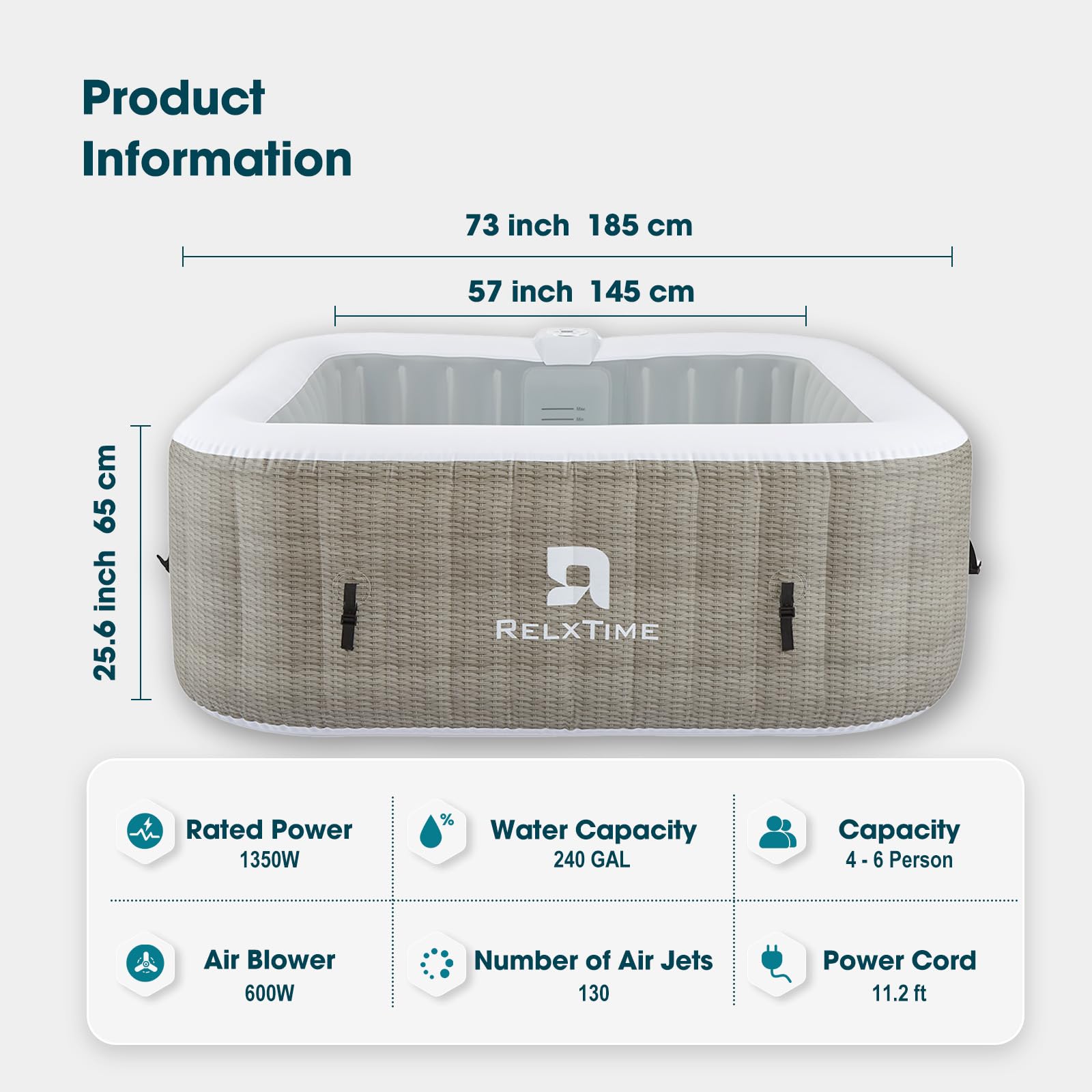 RELXTIME 4-6 Person Square Hot Tub Inflatable Spa Portable Hottub Outdoor Blow Up Hot Tub with 130 Bubble Jets, Built in Heater Pump, Filter Cartridges