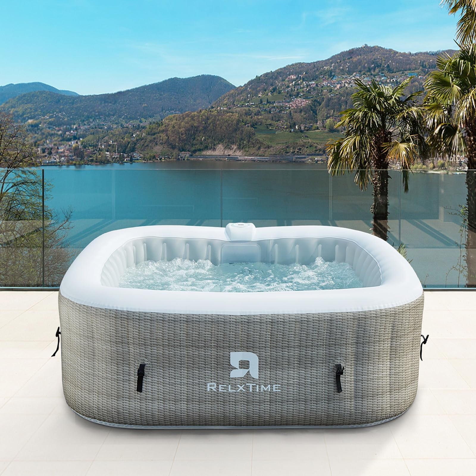 RELXTIME 4-6 Person Square Hot Tub Inflatable Spa Portable Hottub Outdoor Blow Up Hot Tub with 130 Bubble Jets, Built in Heater Pump, Filter Cartridges