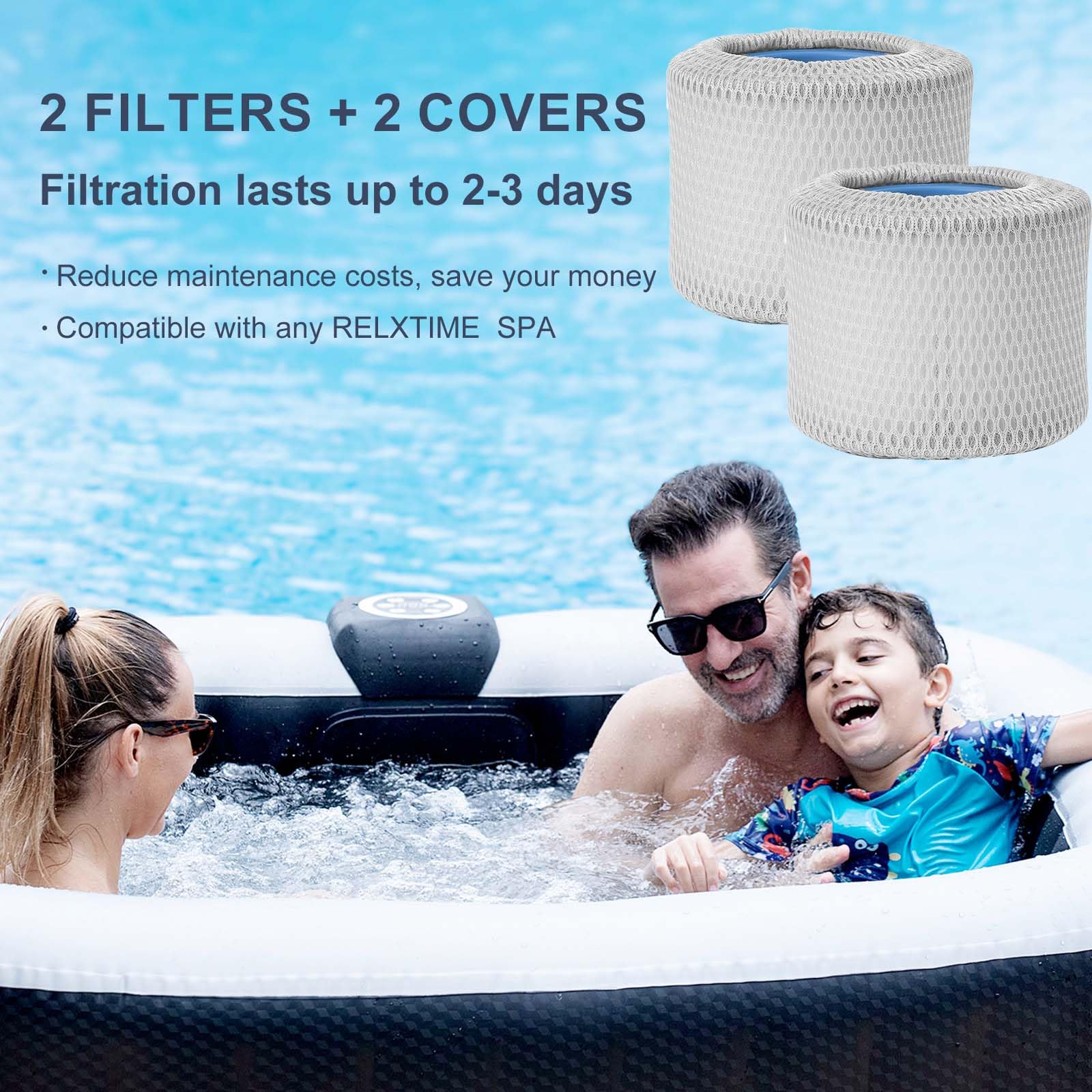 Relxtime 2 Pack Spa Filter Replacement, Pool Filters Hot Tub Filter Cartridges, Compatible With Inflatable Tubs Filtration, Blue