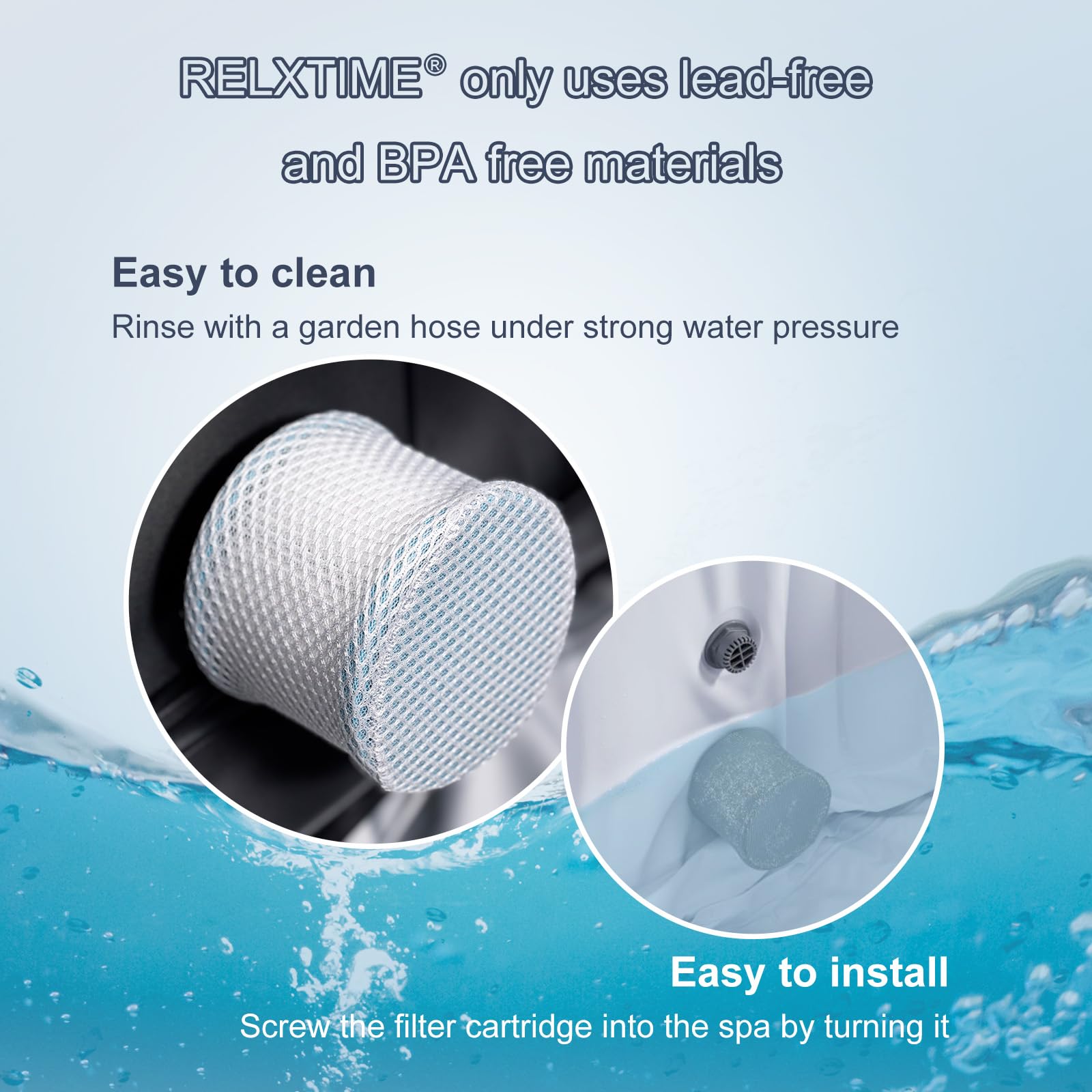 Relxtime 2 Pack Spa Filter Replacement, Pool Filters Hot Tub Filter Cartridges, Compatible With Inflatable Tubs Filtration, Blue