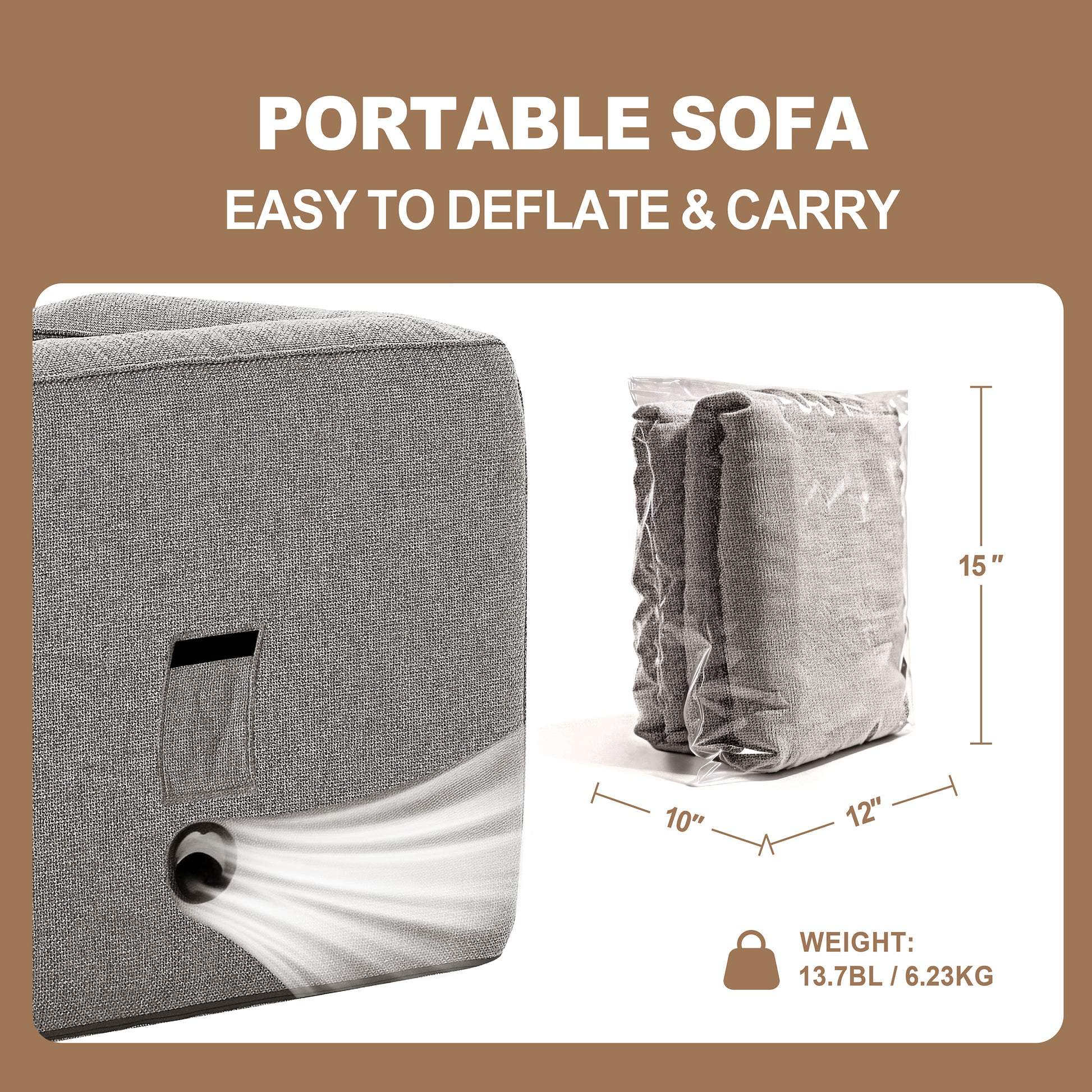 Linen inflatable sofa chair available in gray, blue, and khaki color options