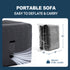 Grey portable inflatable sofa chair deflated and packed to 10"x12"x15" carry size, weighs 6.23kg