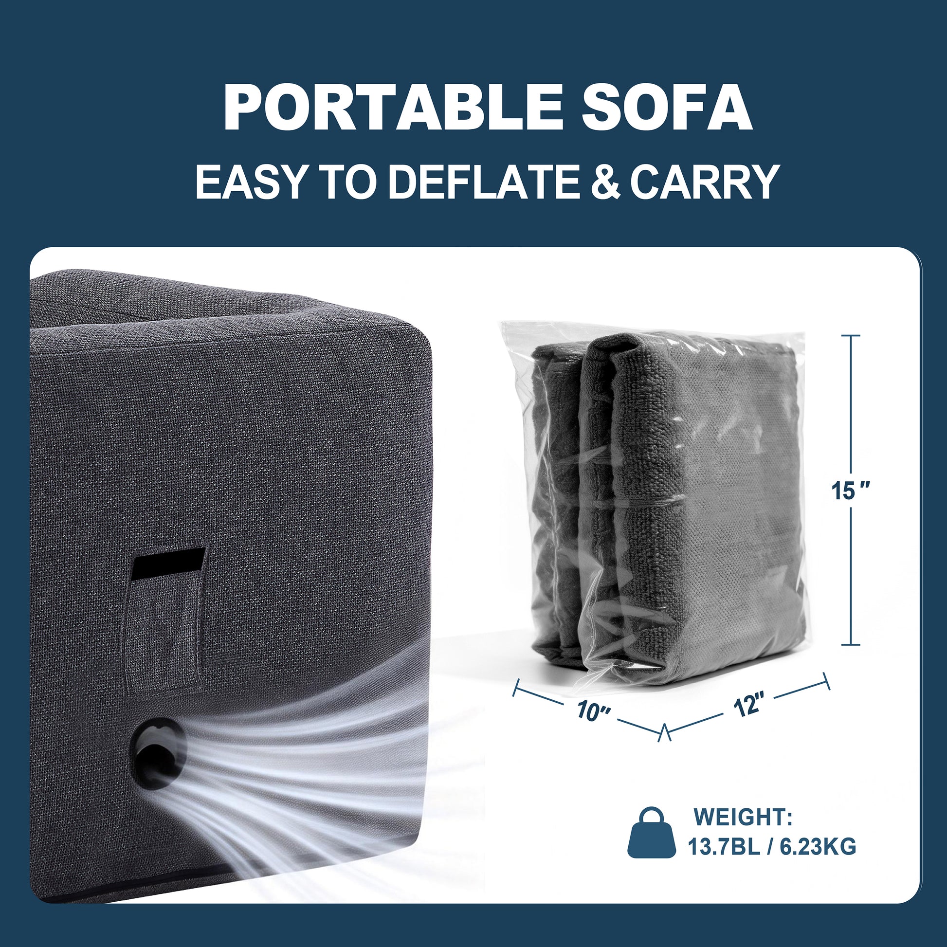 Grey portable inflatable sofa chair deflated and packed to 10"x12"x15" carry size, weighs 6.23kg