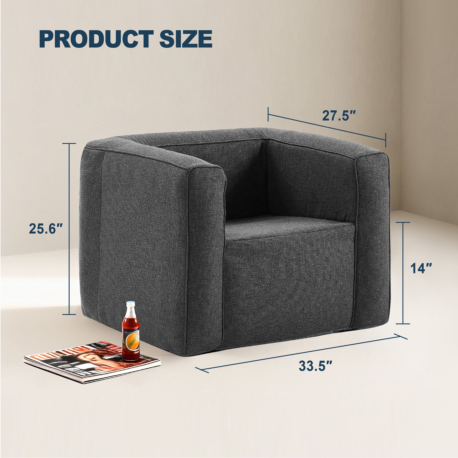 Portable linen inflatable sofa chair in grey, product dimensions 27.5" wide, 33.5" deep, 25.6" tall, seat height 14"
