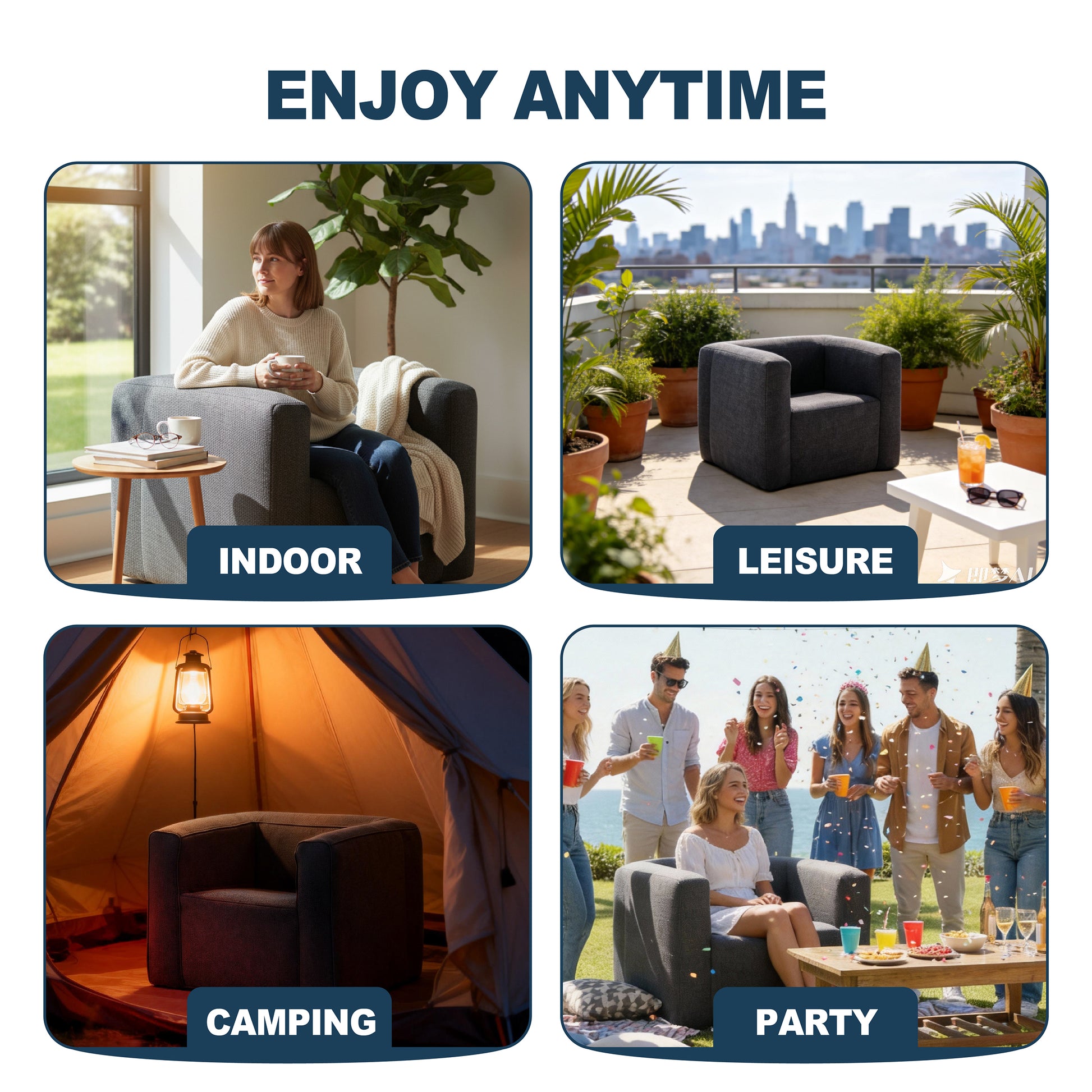 Linen inflatable sofa chair used indoors, on leisure balcony, camping in tent, and at outdoor party