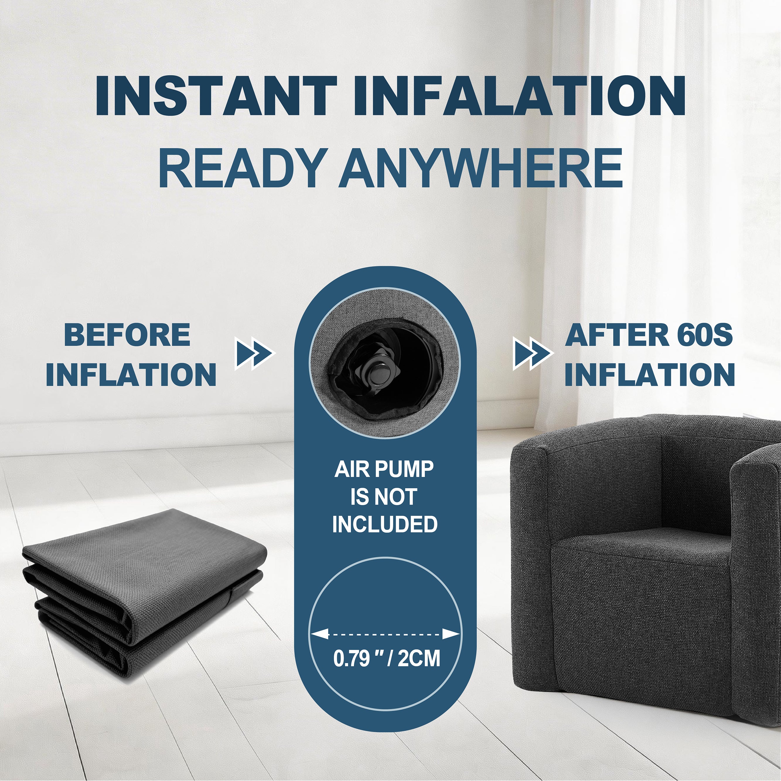 Grey linen inflatable sofa chair before and after 60-second inflation, showing 0.79" air valve detail