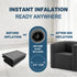 Grey linen inflatable sofa chair before and after 60-second inflation, showing 0.79" air valve detail