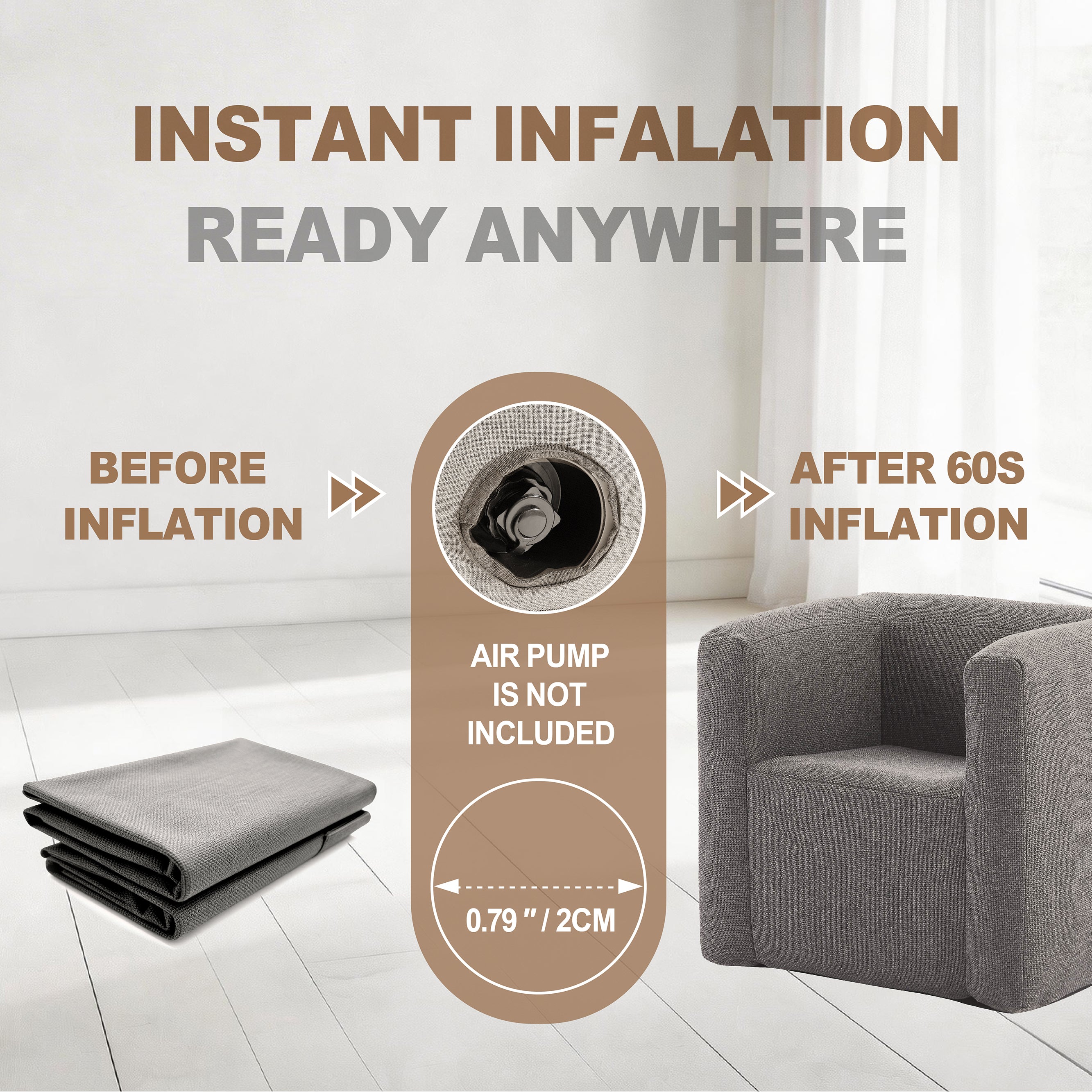Linen inflatable sofa chair before and after 60-second inflation, showing air valve detail