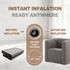 Linen inflatable sofa chair before and after 60-second inflation, showing air valve detail