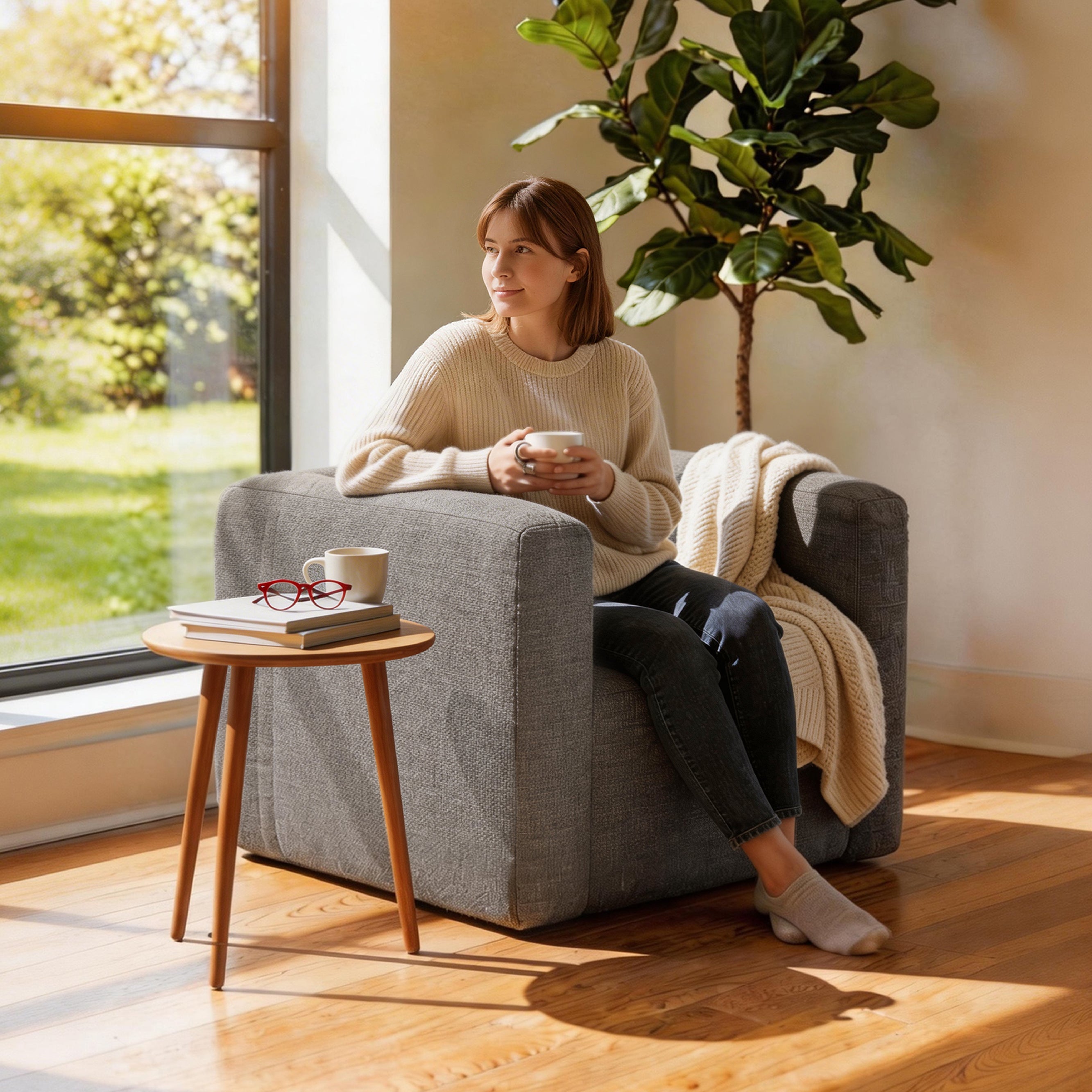 Portable linen inflatable sofa chair in khaki, front view with textured linen-blend cover