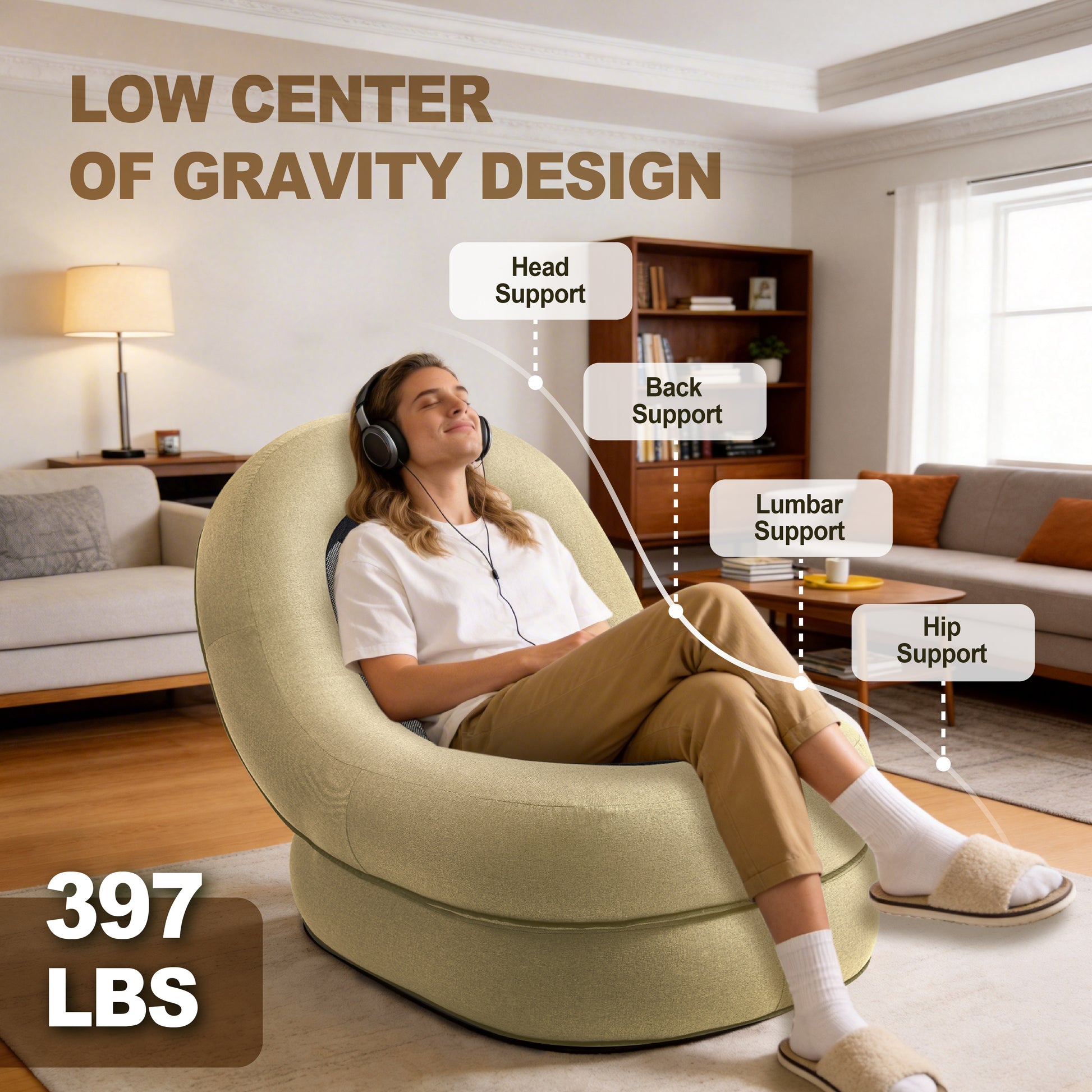 Person sitting in portable moon air lounger chair outdoors, showing full-body support and low-profile design