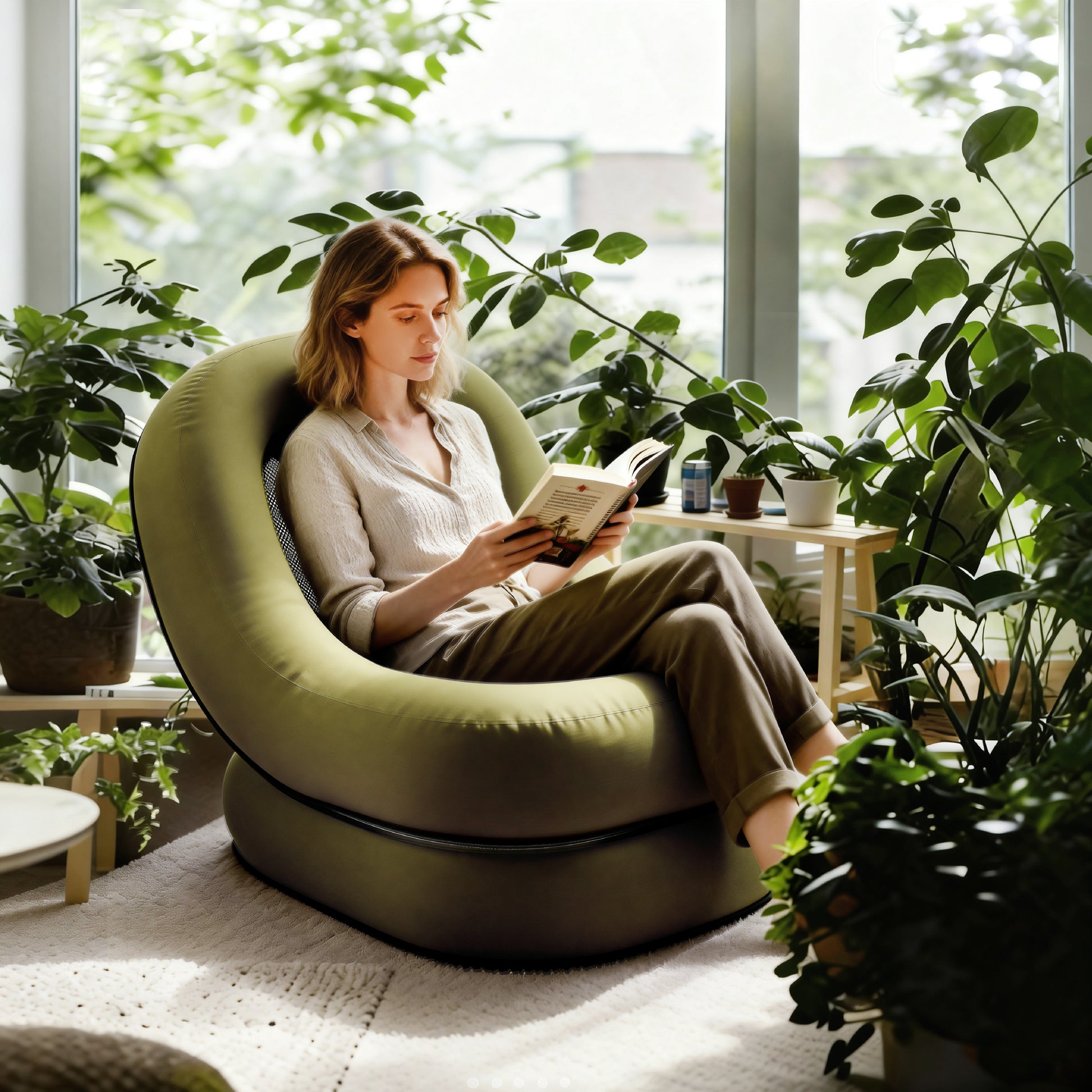 Moon air lounger chair in green, side profile view for camping and outdoor use