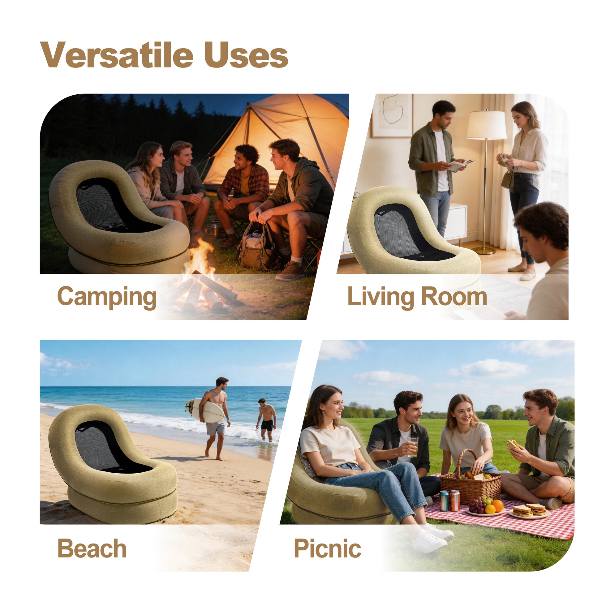 Portable moon air lounger chair for camping, living room, beach, and picnic use