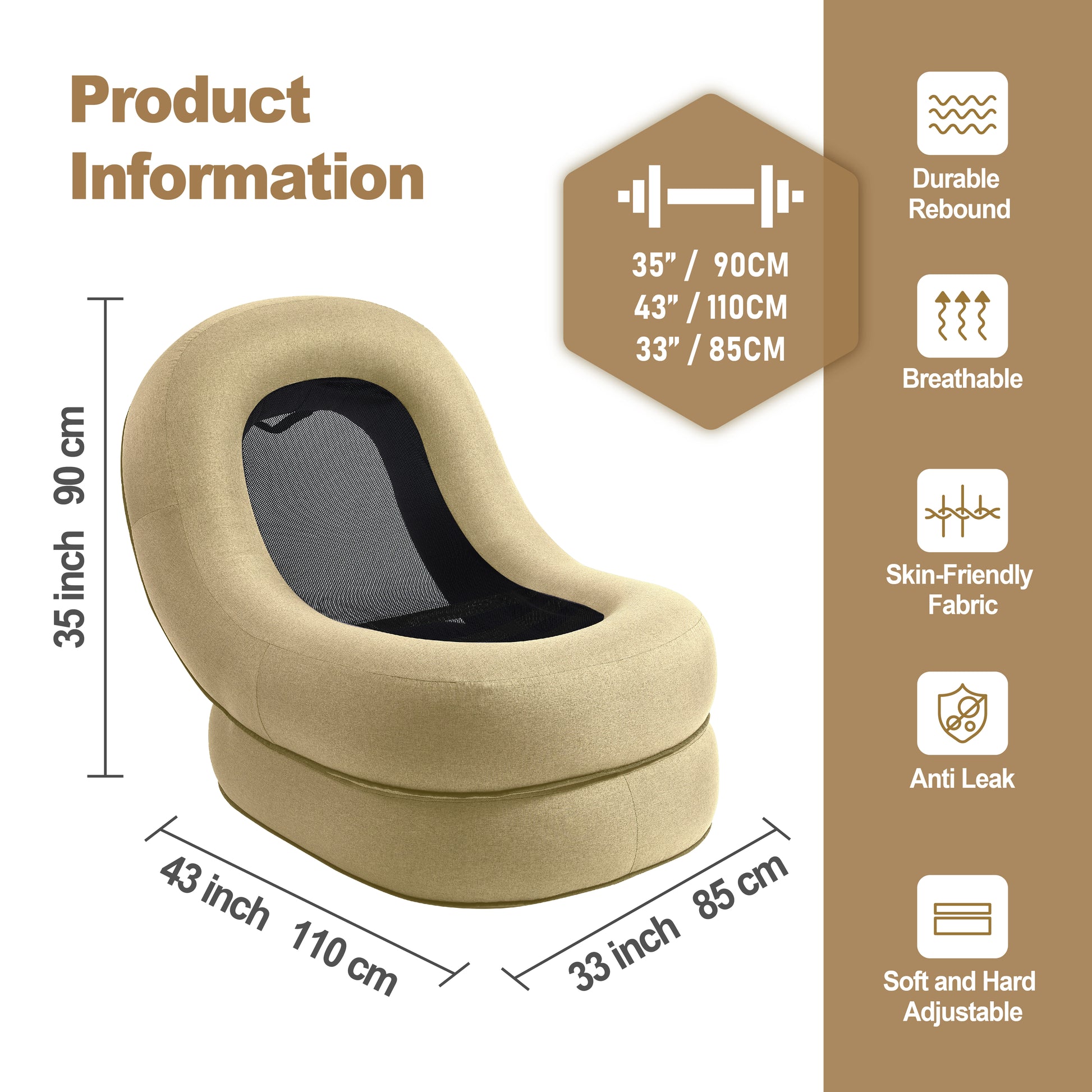 Moon air lounger chair in MLK color, medium size 35"H x 33"W x 43"D