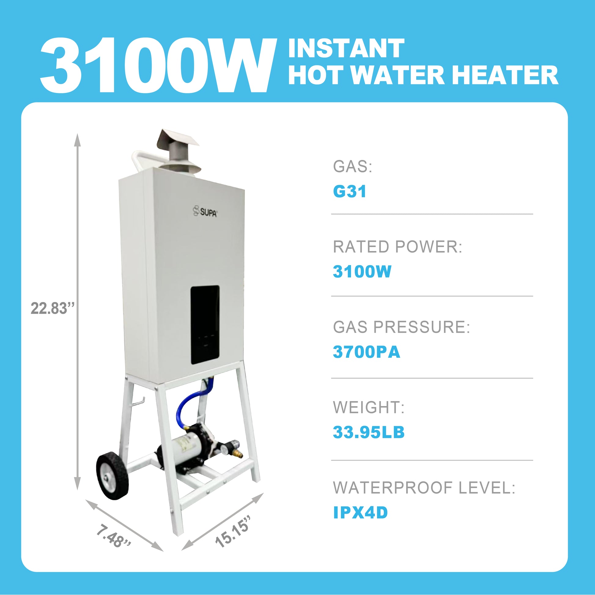 Relxtime 3100W portable gas water heater specs: G31 gas, 3700PA pressure, 33.95LB, IPX4D waterproof, 22.83 inch height
