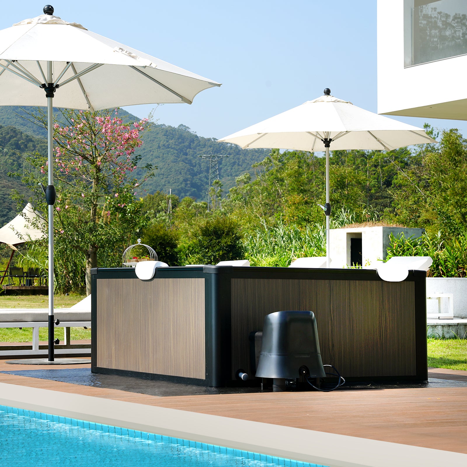 Relxtime 4-6 person portable spa installed on patio deck with external heater unit