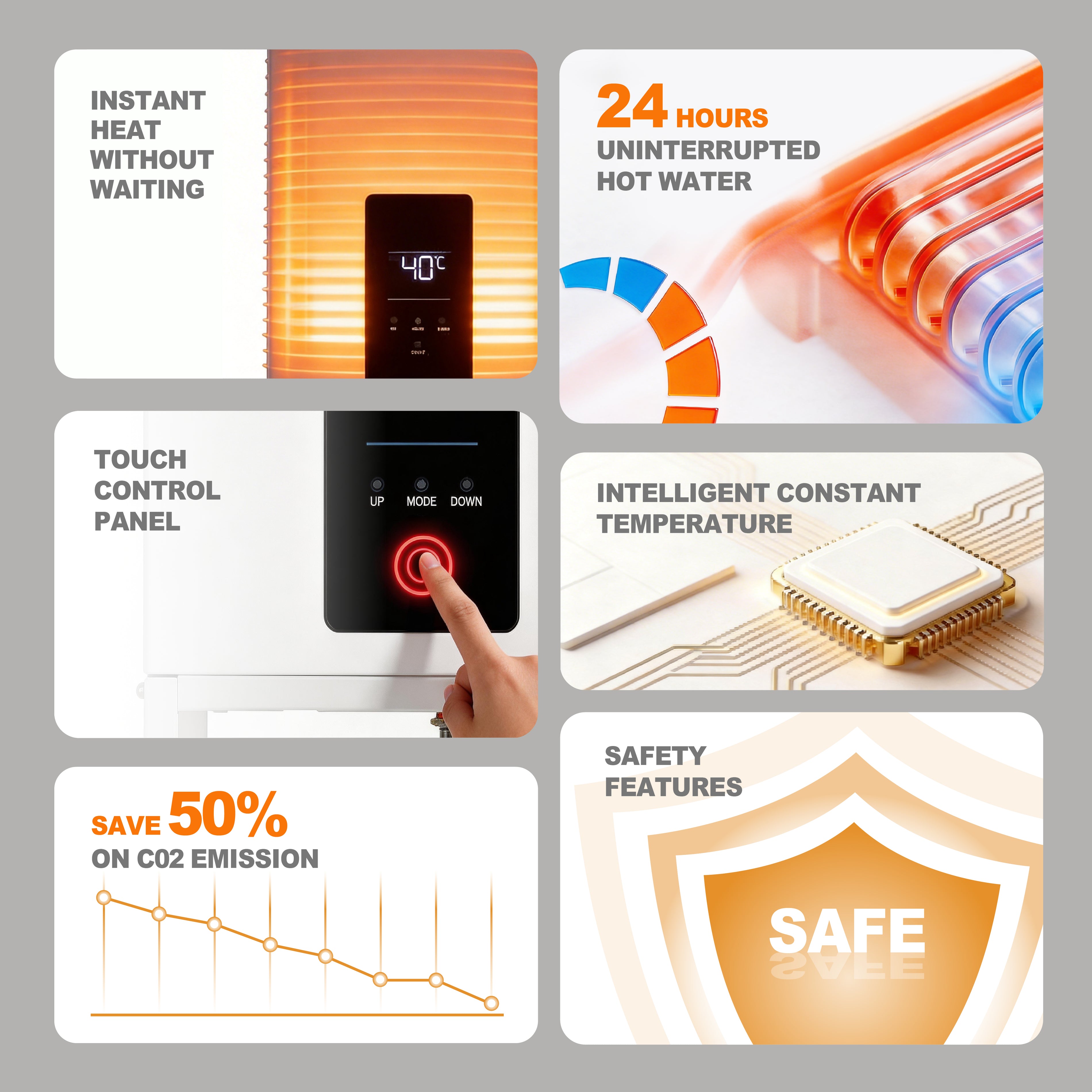 Relxtime tankless water heater features: instant heat, touch control panel, 7 safety protections and 50% CO2 reduction
