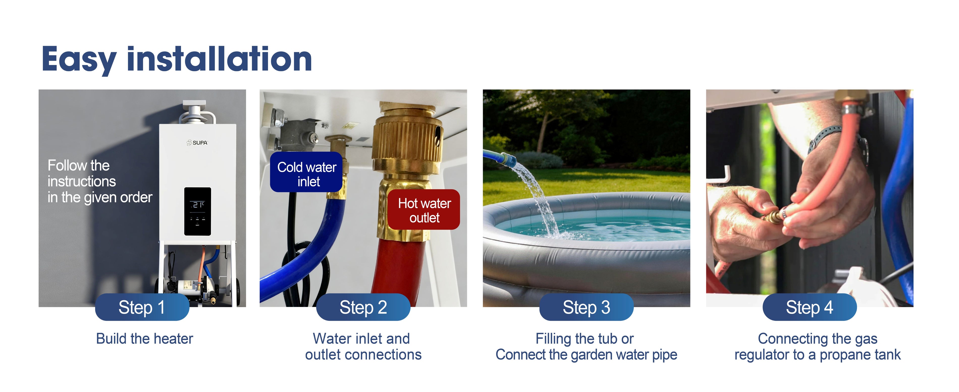 Relxtime portable gas water heater easy installation 4 steps: build heater connect water inlet fill tub connect propane tank
