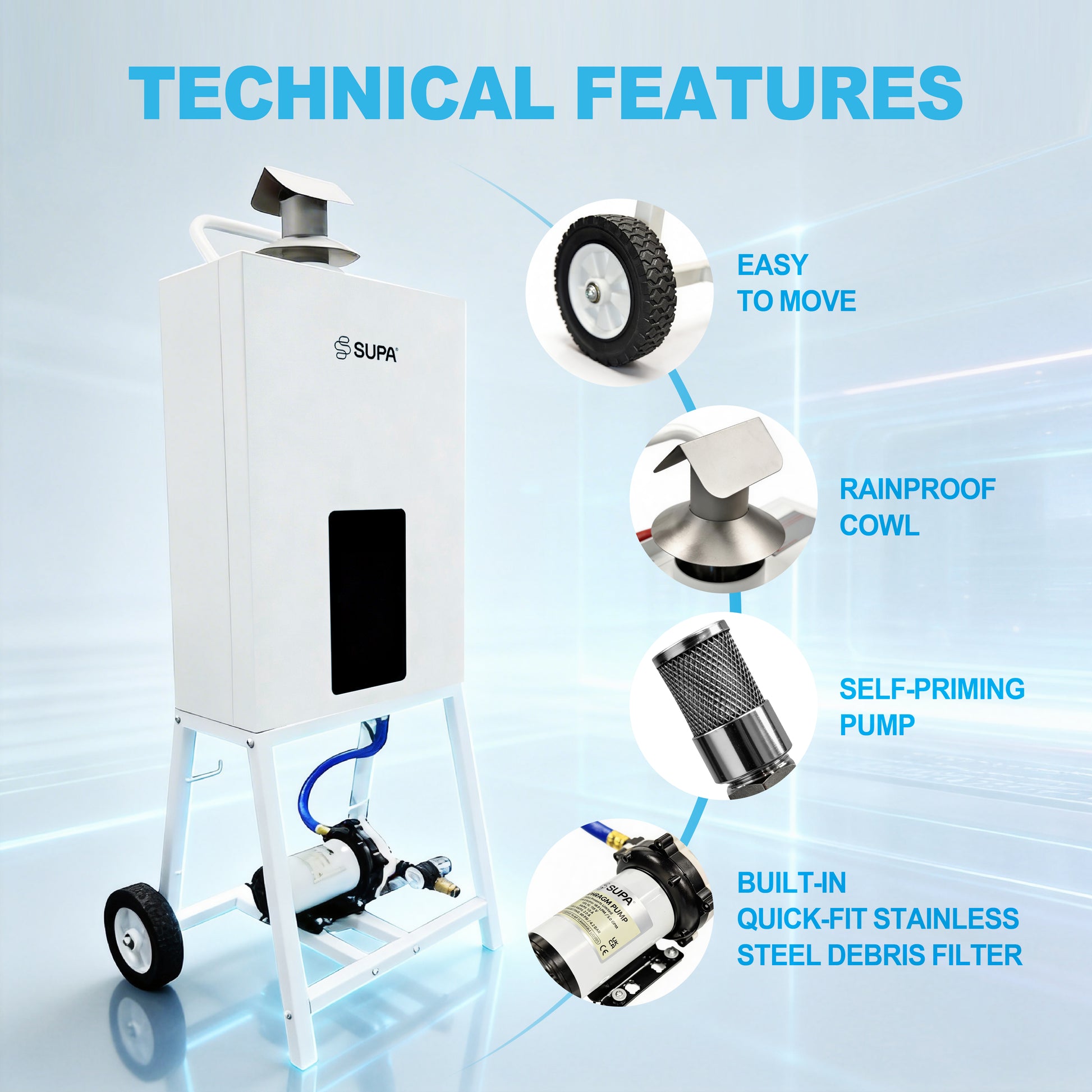 Relxtime portable water heater technical features: wheeled stand, rainproof cowl, self-priming pump and stainless steel debris filter