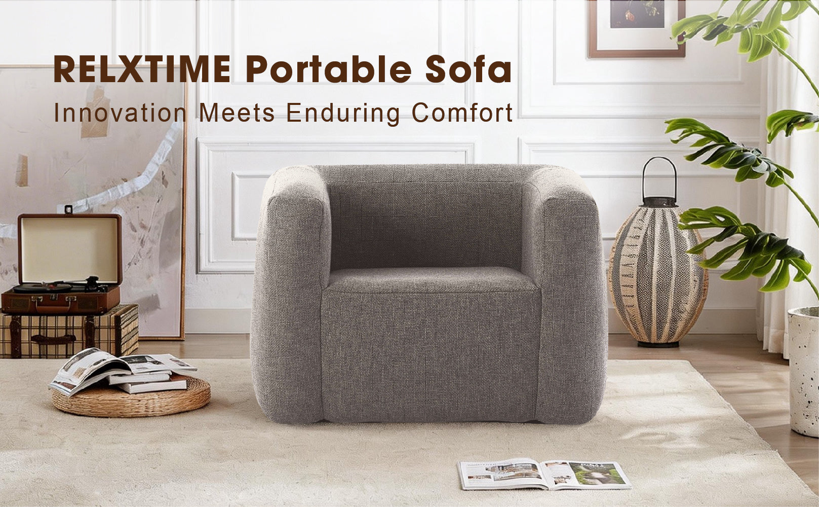 Relxtime portable linen inflatable sofa chair in living room – innovation meets enduring comfort