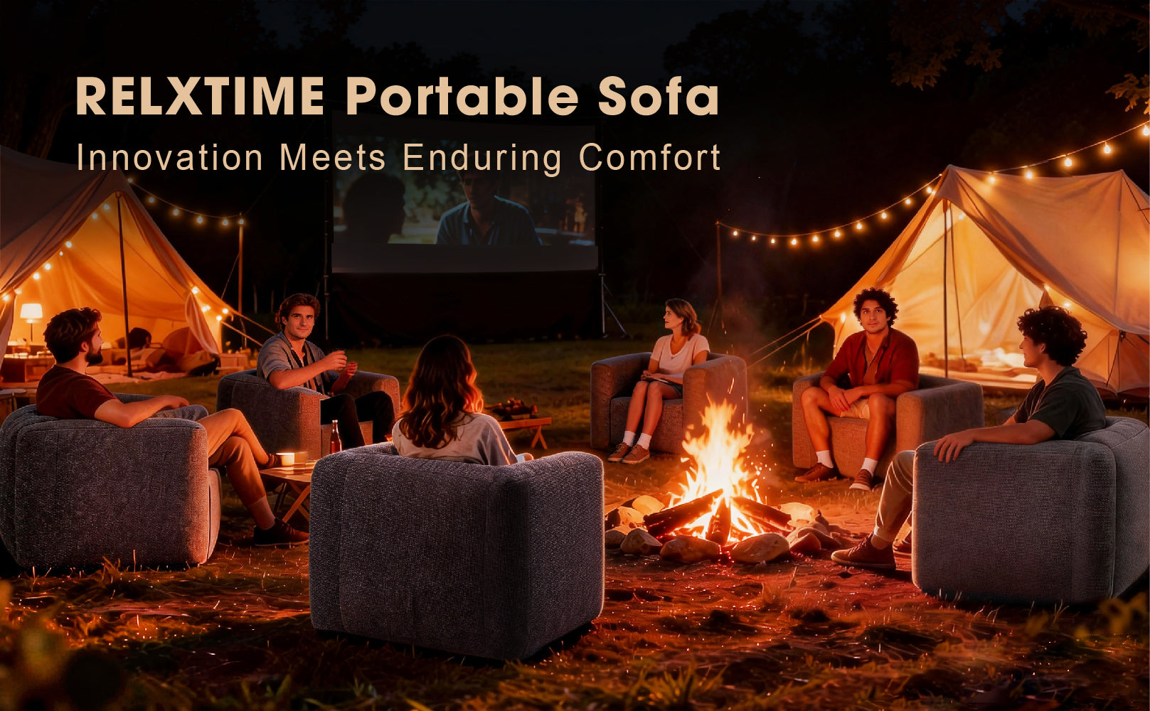 Relxtime portable linen inflatable sofa chair in grey used at outdoor campfire gathering – innovation meets enduring comfort