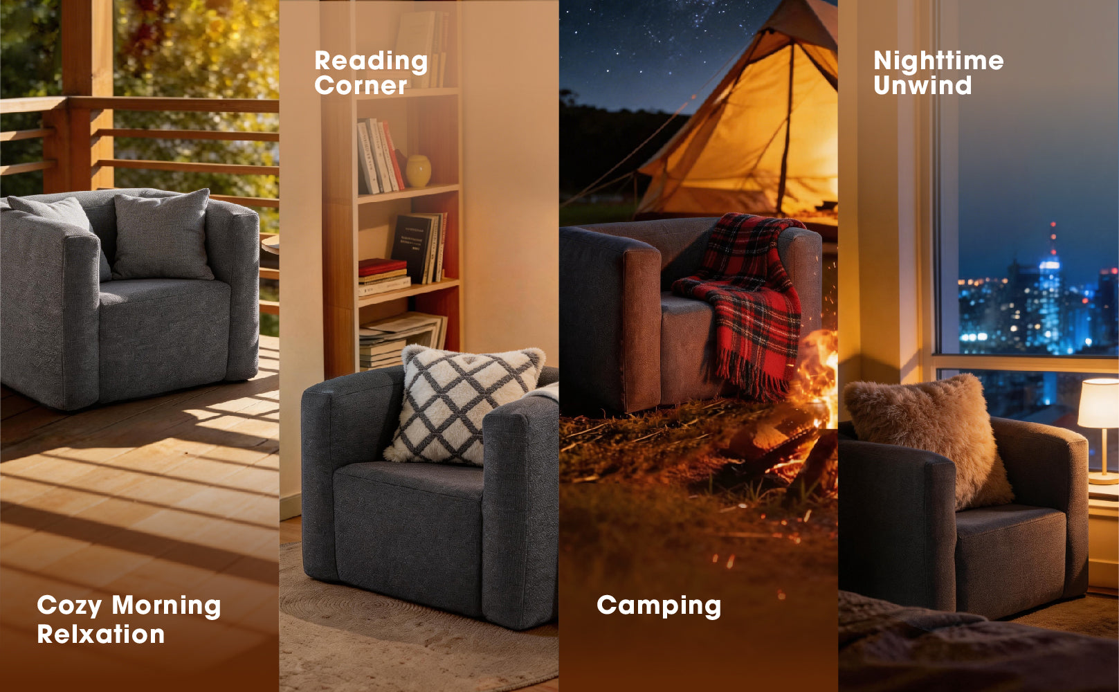 Relxtime grey linen inflatable sofa chair for morning relaxation, reading corner, camping, and nighttime lounging