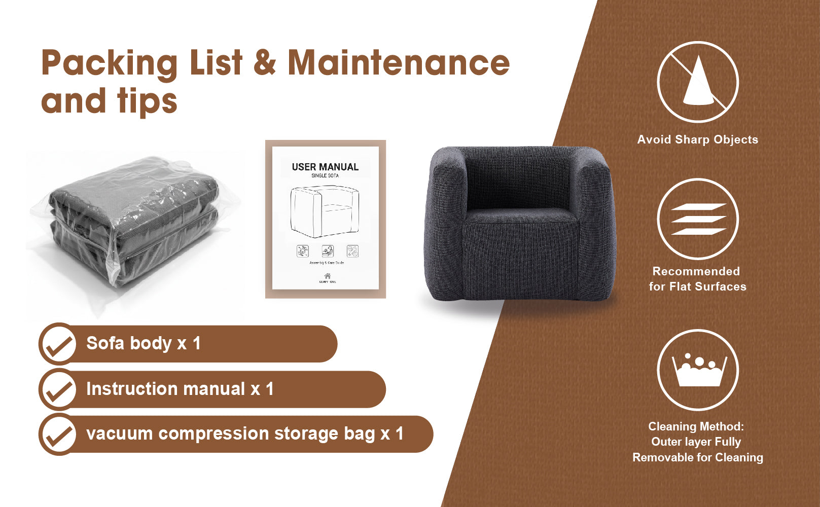 Relxtime grey portable sofa chair packing list – sofa body, user manual, vacuum storage bag, with care and maintenance tips