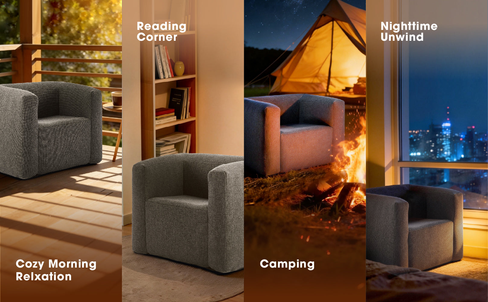 Relxtime linen inflatable sofa chair used for morning relaxation, reading, camping, and nighttime lounging