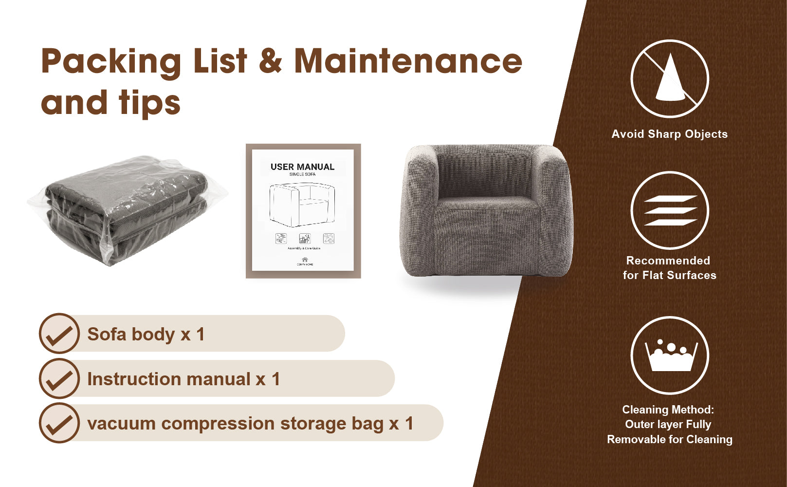 Relxtime portable sofa chair packing list – sofa body, user manual, vacuum storage bag, with care tips