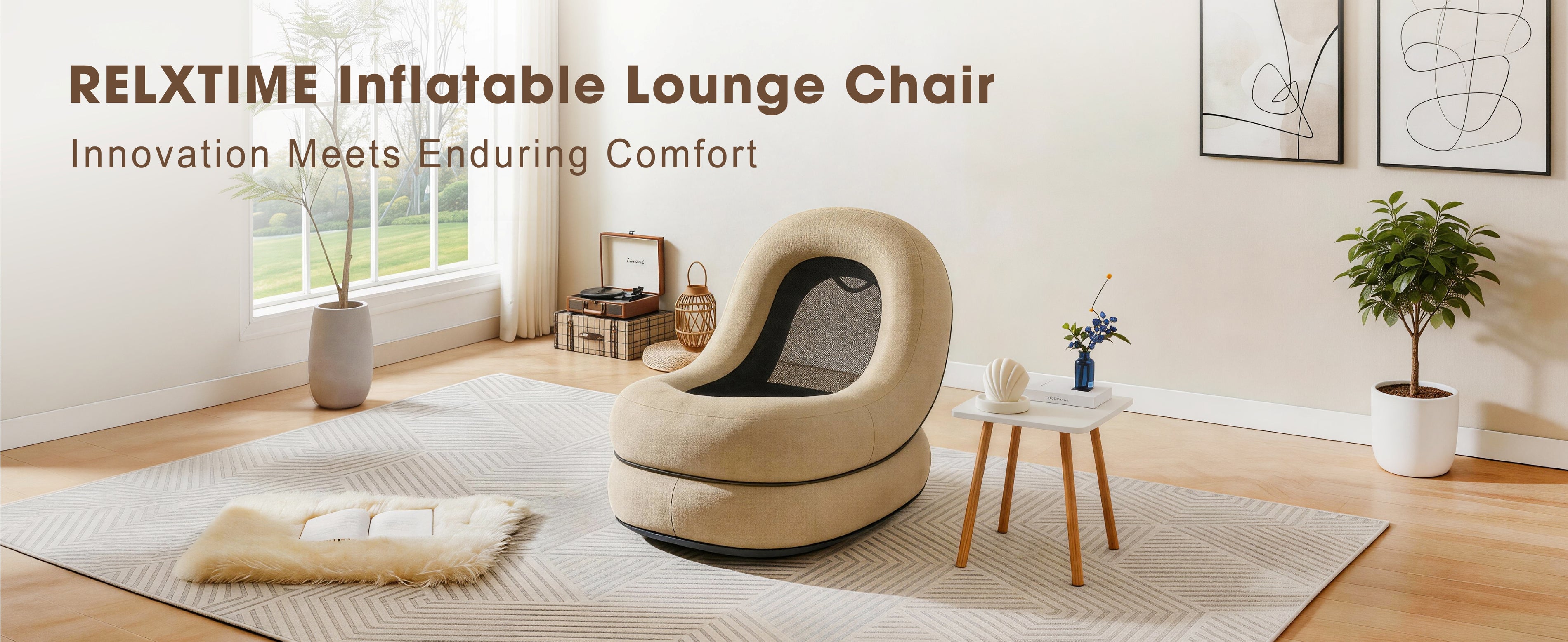 Relxtime inflatable lounge chair in modern living room – innovation meets enduring comfort