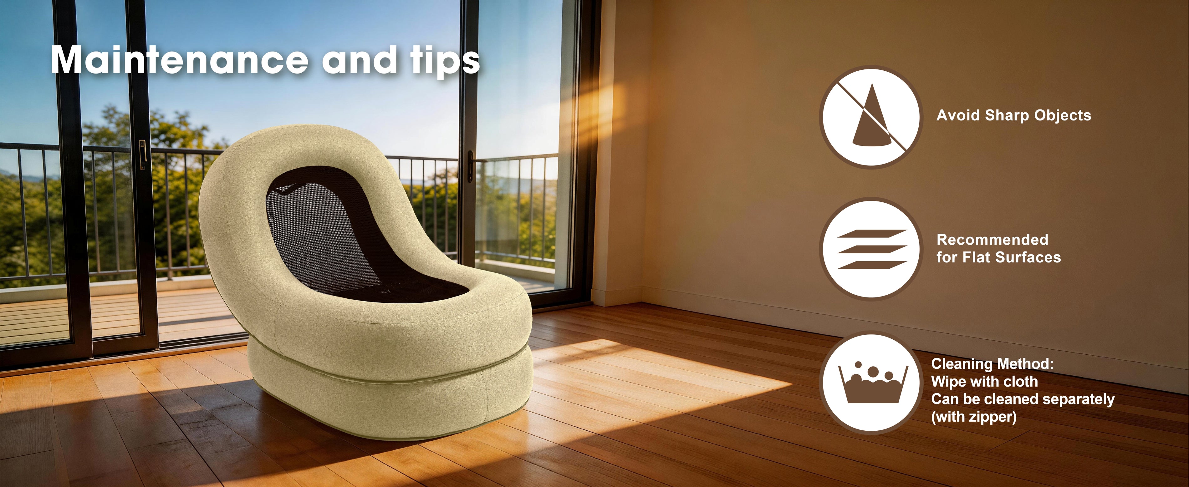 Relxtime moon air lounger chair maintenance tips – avoid sharp objects, flat surface use, wipe clean