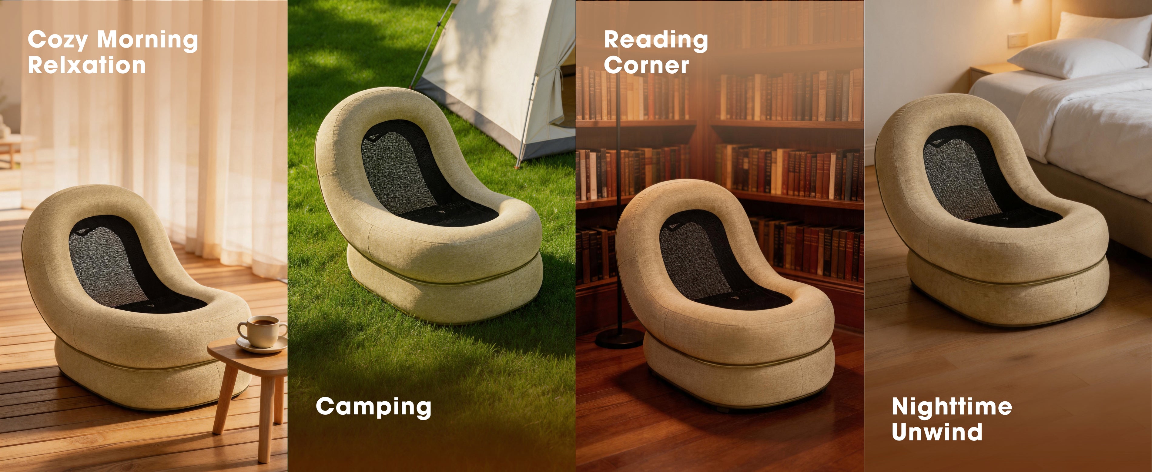 Relxtime moon air lounger chair used for morning relaxation, camping, reading corner, and nighttime unwind