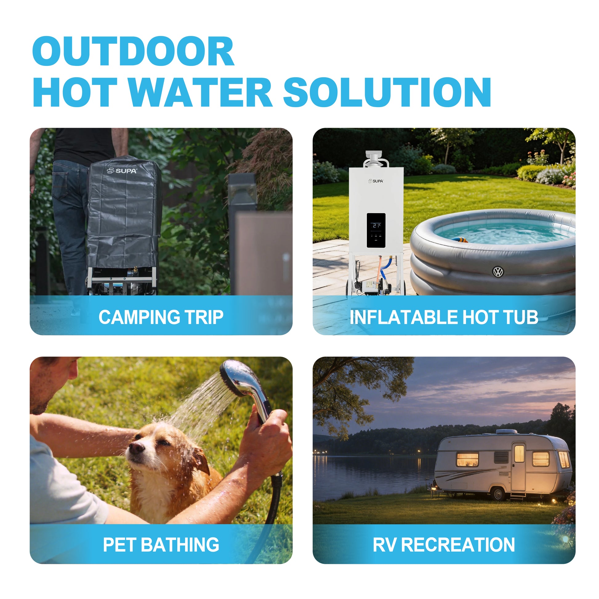 Relxtime portable gas water heater used for camping trips, inflatable hot tub, pet bathing and RV recreation