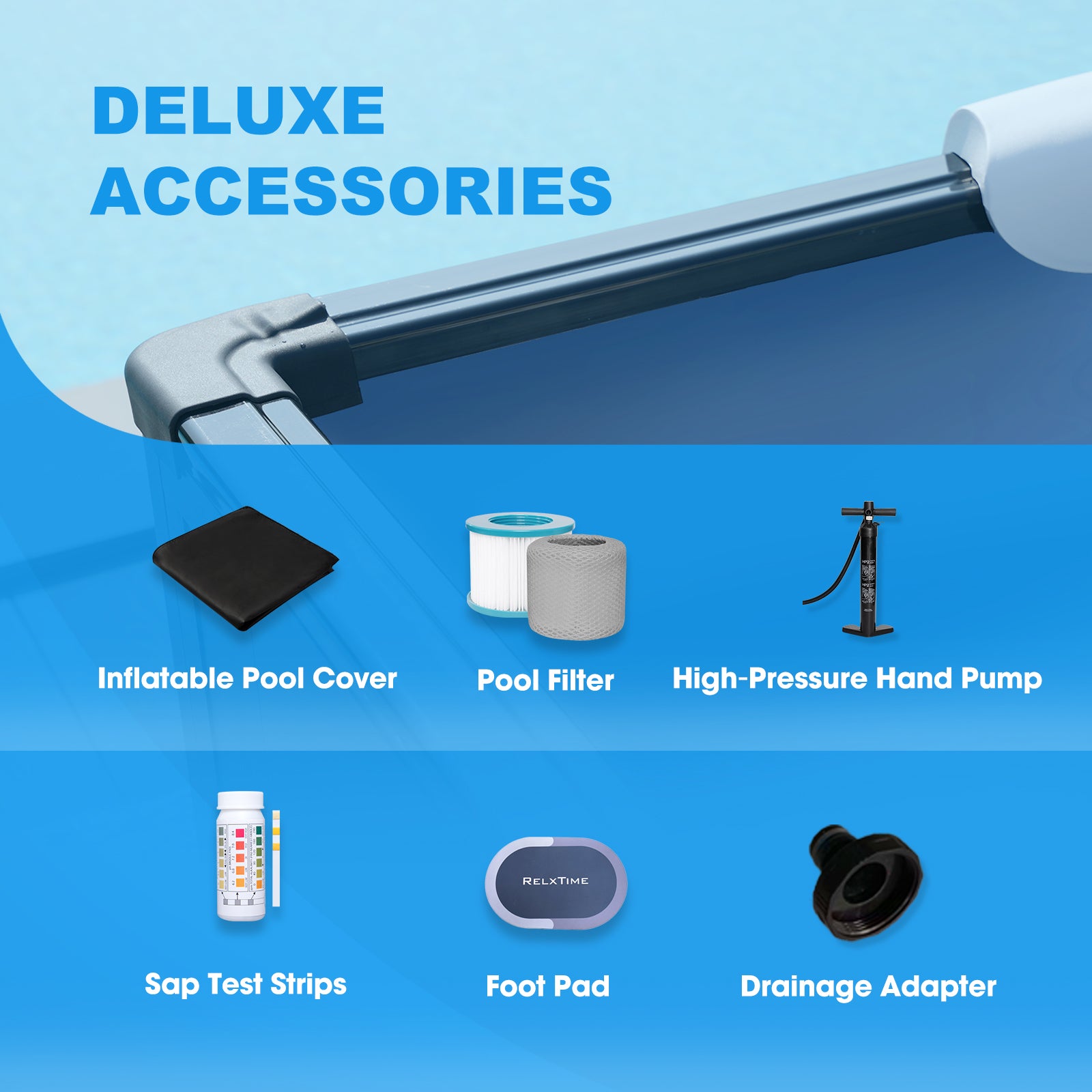 Relxtime portable spa deluxe accessories – pool cover, filter, pump, foot pad and drainage adapter