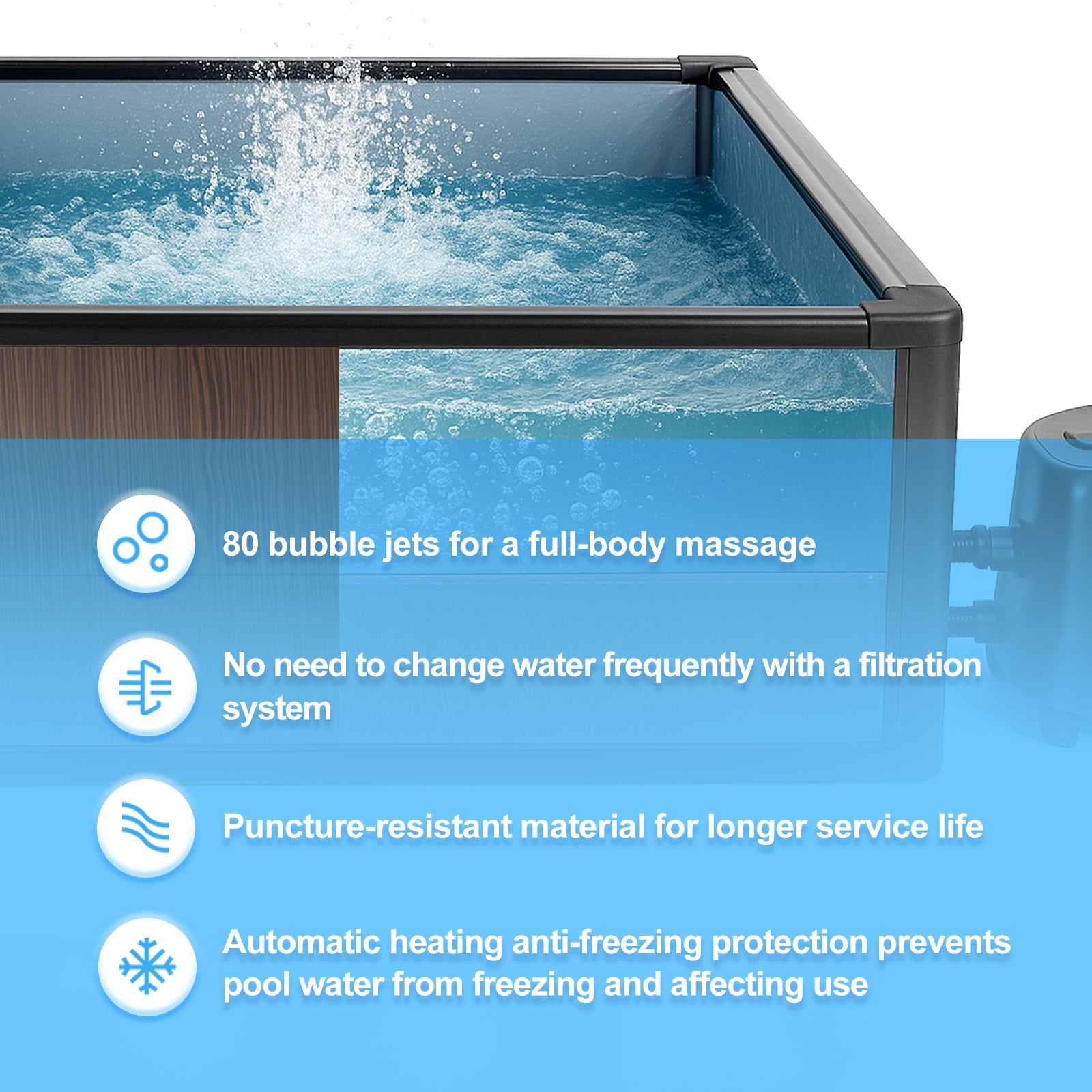 Relxtime portable hot tub side profile showing aluminum alloy frame structure