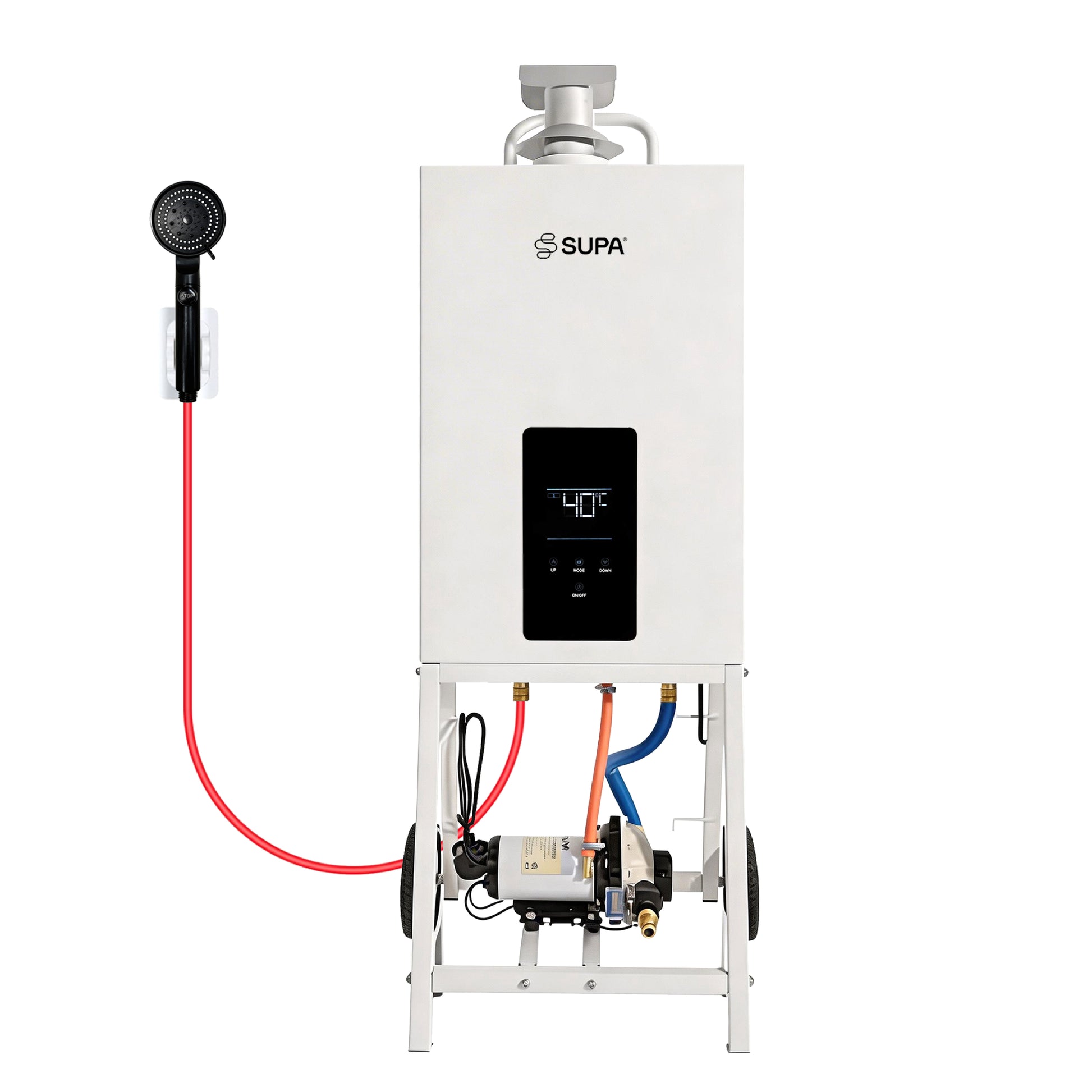 Relxtime portable 3100W tankless gas water heater on wheeled stand for outdoor use