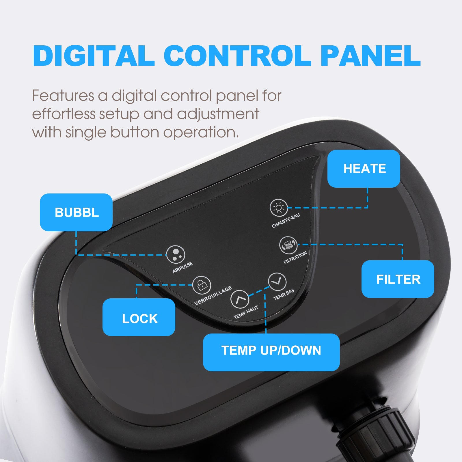 Relxtime hot tub external control hub with digital panel and heating system