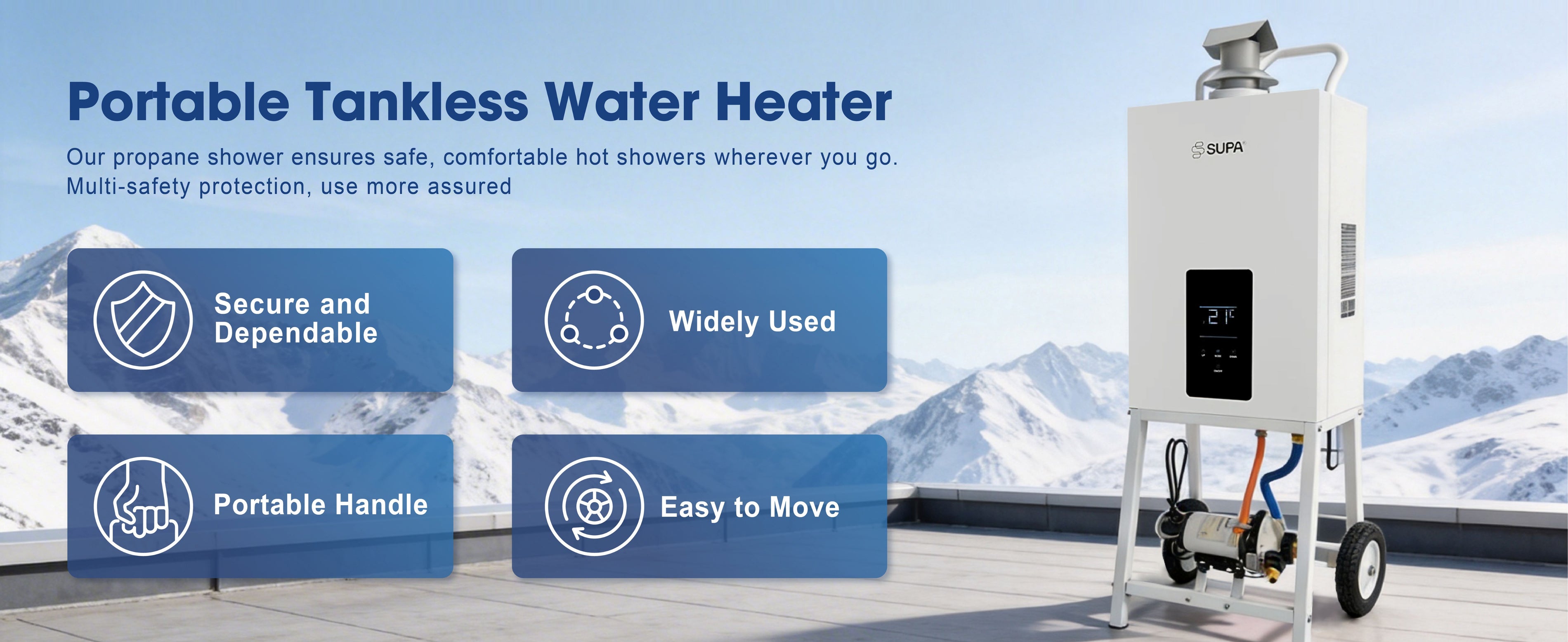 Relxtime Supa portable 3100W tankless gas water heater on wheeled stand for outdoor camping