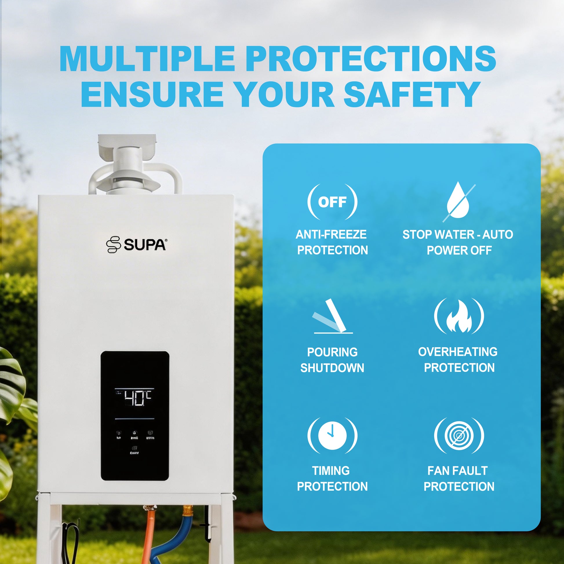 Relxtime outdoor gas water heater 7-layer safety: anti-freeze, auto power off, overheating, tilt shutdown, timing and fan fault protection