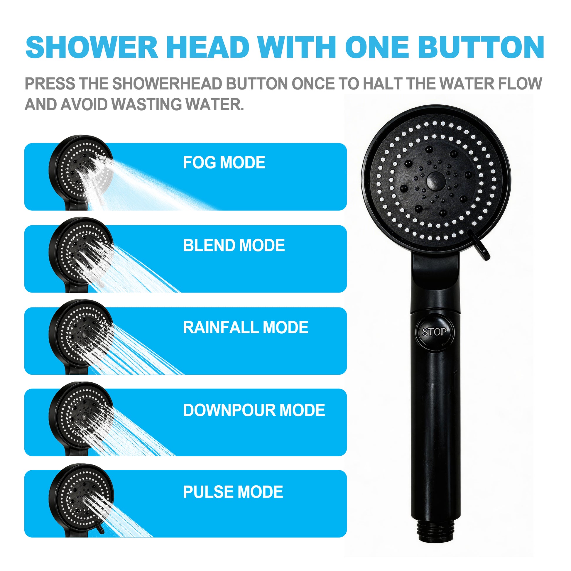 Relxtime tankless water heater 5-mode shower head: fog, blend, rainfall, downpour and pulse with one-button stop function
