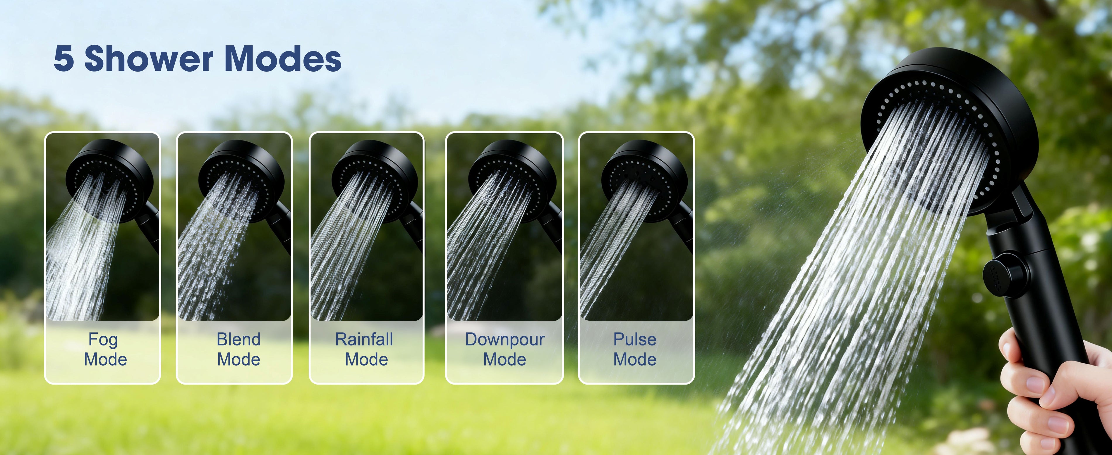Relxtime portable water heater 5 shower modes: fog blend rainfall downpour and pulse spray