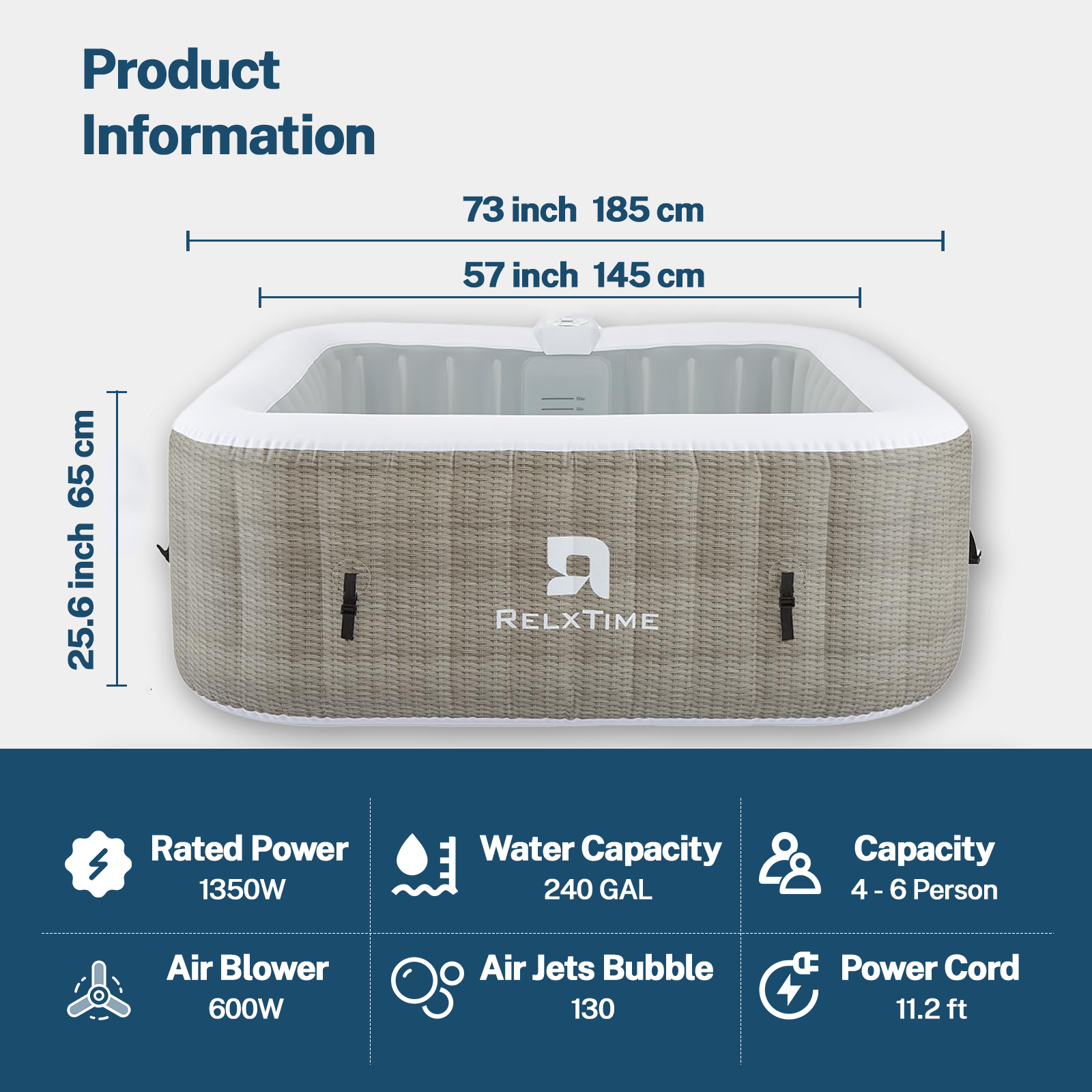 RELXTIME 4-6 Person Square Hot Tub Inflatable Spa Portable Hottub Outdoor Blow Up Hot Tub with 130 Bubble Jets, Built in Heater Pump, Filter Cartridges - TBF6001